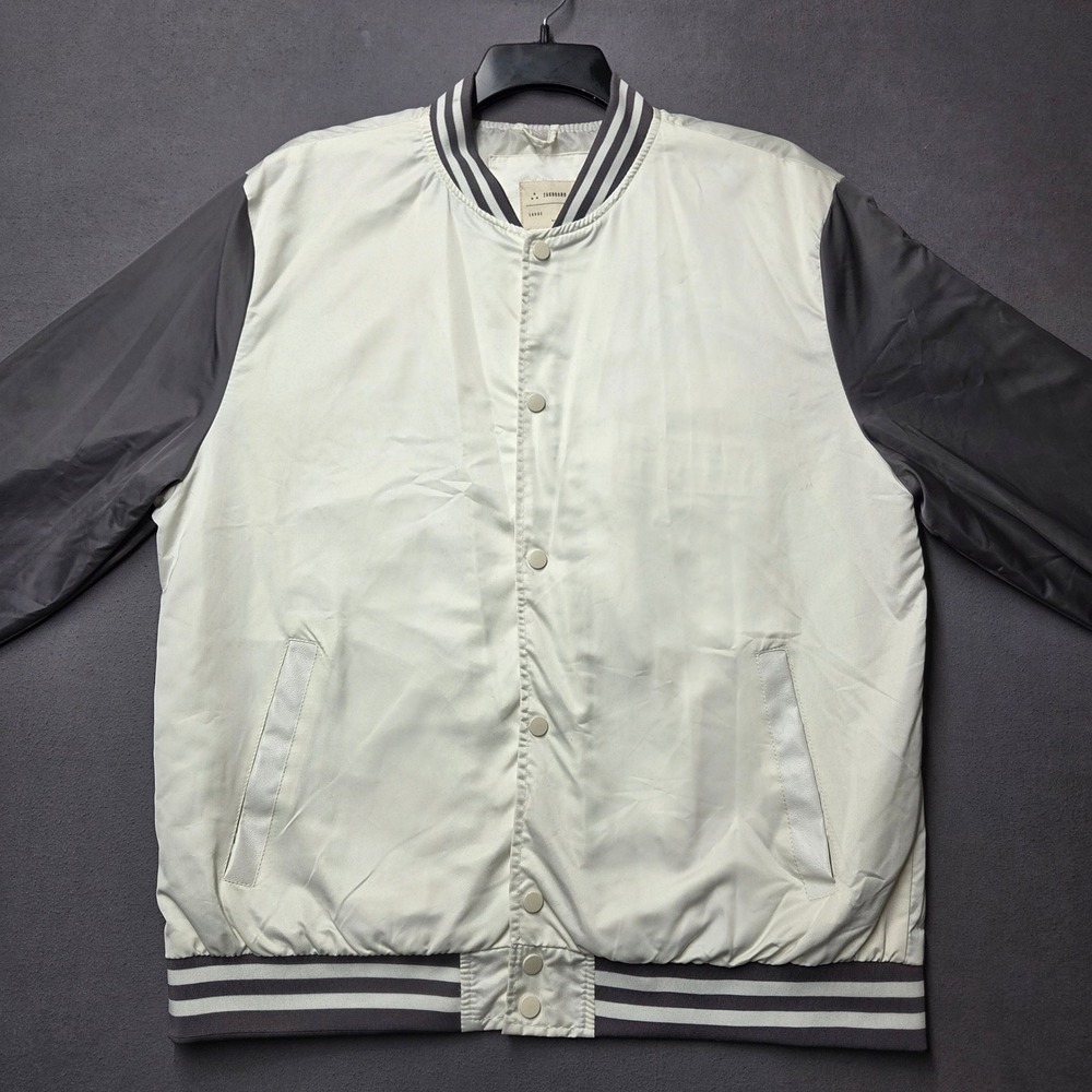 Zak Brand Mens Varsity Bomber Jacket Cream Grey Snap Front Striped Trim Large